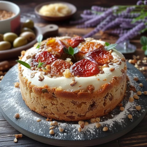 Una torta con frutta e noci.