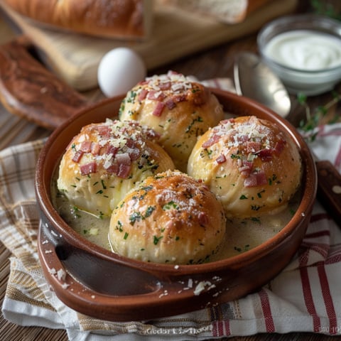 Una ciotola con 6 palline di pasta con verdure e prosciutto.