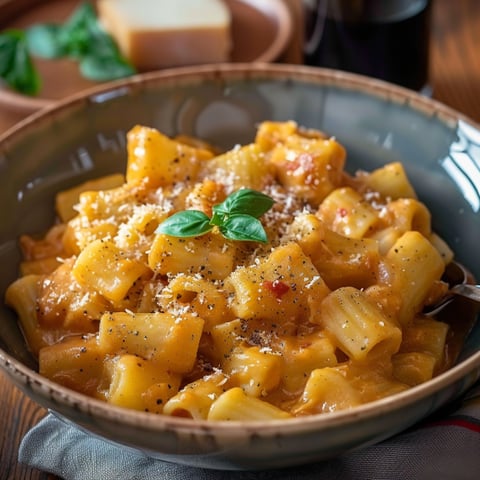 Una ciotola di pasta con verdure e formaggio.