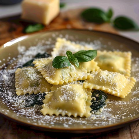 Pasta con foglie di basilico.