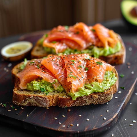 Due toast con salmone e guacamole.
