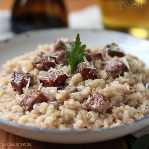 Riso con carne e spinaci.