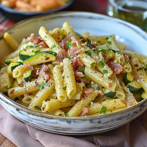 Penne con verdure e prosciutto.