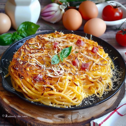 Un piatto di spaghetti con bacon e basilico.