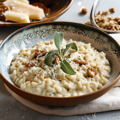 Una tazza di pasta con noci e spezie.