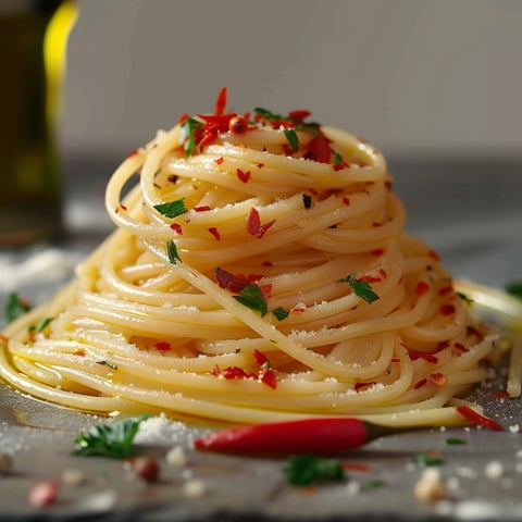 Spaghetti con peperoncini e peperoni.