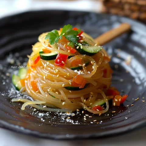 Una pietanza con noodles, zucchini, pepperoncini e cipolla.