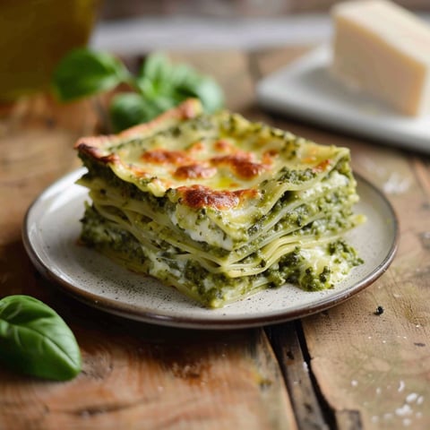 Un piatto di lasagna verde con formaggio e foglie di basilico.