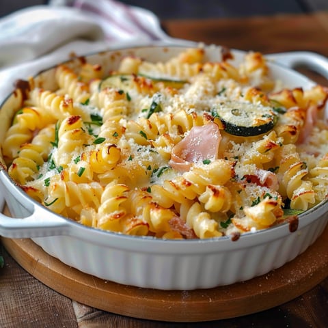 Una ciotola di pasta con verdure e prosciutto.