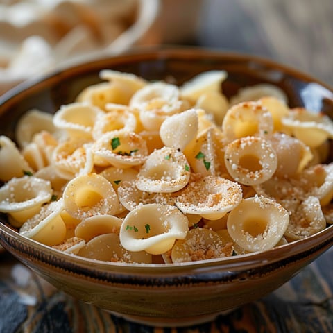 Una ciotola di pasta con grani di parmesano.