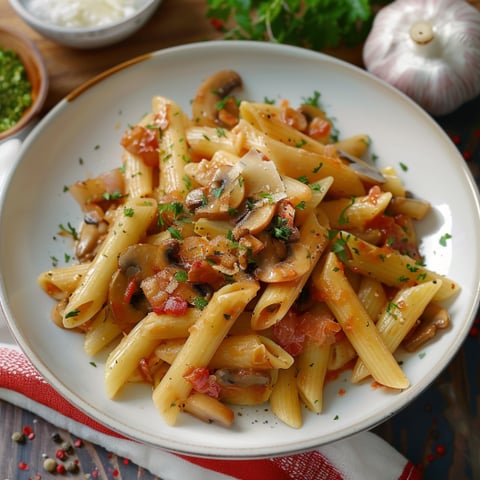 Penne con funghi e pomodoro.