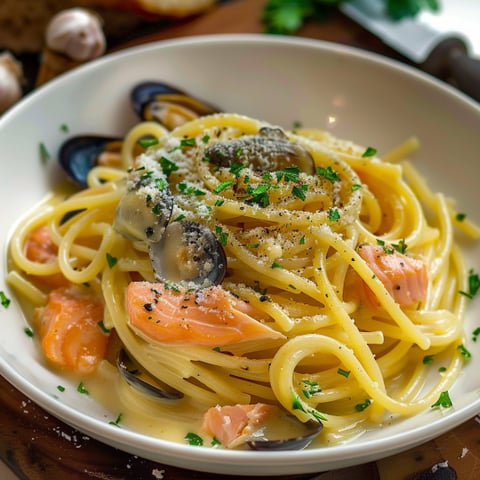 Penne con pesce, mushroom e noce.