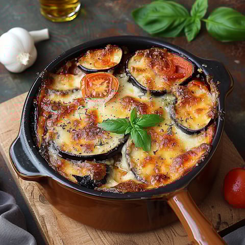 Una casseruola con ingredienti vari come pomodori, zucchini, basilico e formaggio.