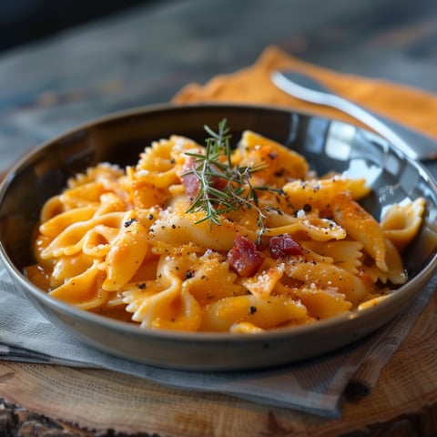Una ciotola di pasta con verdure e salmone.