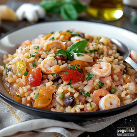 Riso con pesce, verdure e spinaci.