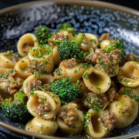 Pasta con verdure e carne.
