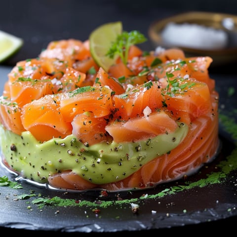 Una fetta di salmone con guacamole e peperoncini.