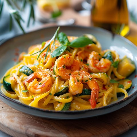 Pasta con frullato di pomodoro e shrimp.