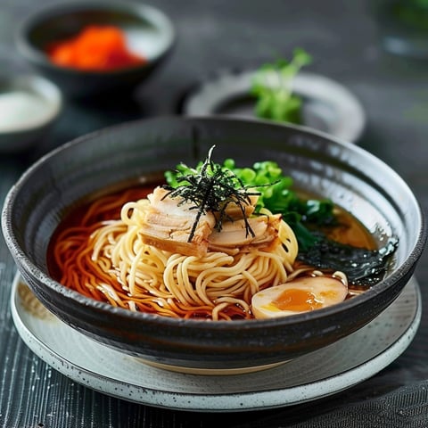 Una tazza di noodles con verdure e uova.