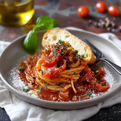 Piatti di pasta con pomodori e basilico.
