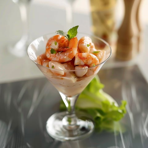 Una coppa di frullato con frullato di gamberi e verdura.