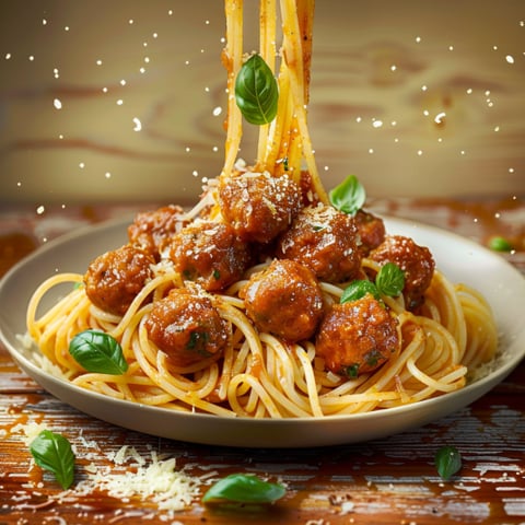 Spaghetti con polpettine e basilico.