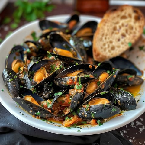 Un piatto di molluschi con verdure e pane tostato.