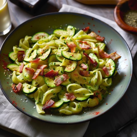 Piatti di verdura con pasta e prosciutto.