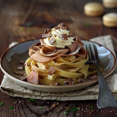 Un piatto di spaghetti con formaggio e speck.