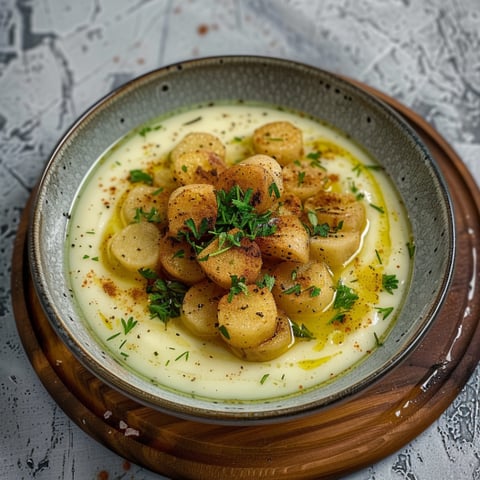 Una ciotola di patate con erbe e olio.