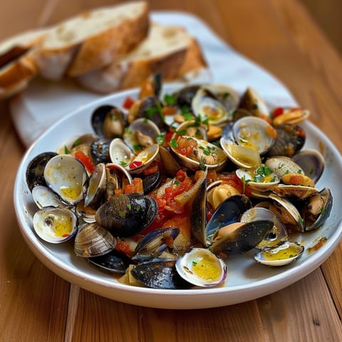 Piatti di molluschi con pane e peperoncini.