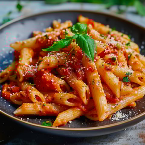 Penne con sugo di pomodoro e basilico.