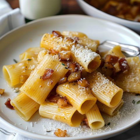 Penne con bacon e parmesano.