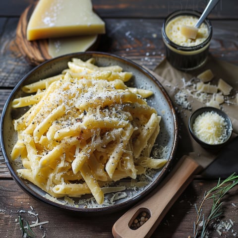 Una tavolata con un piatto di pasta e formaggio.