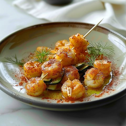 Un piatto di cibo con shrimp, zucchini e cipolla.