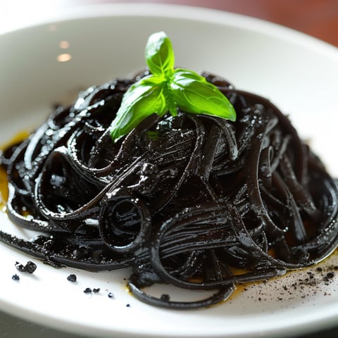 Pasta con foglie di basilico.