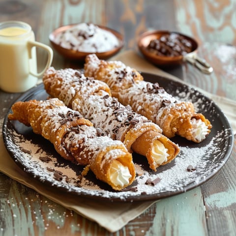 Un piatto con tre cannoli con la crema e la neve.