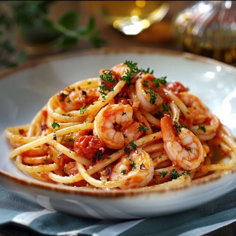 Penne con gamberi e basilico.