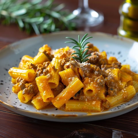 Penne con sugo di carne e erbe.