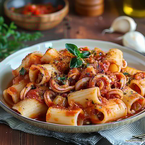 Piatti di pasta con verdure e pomodori.
