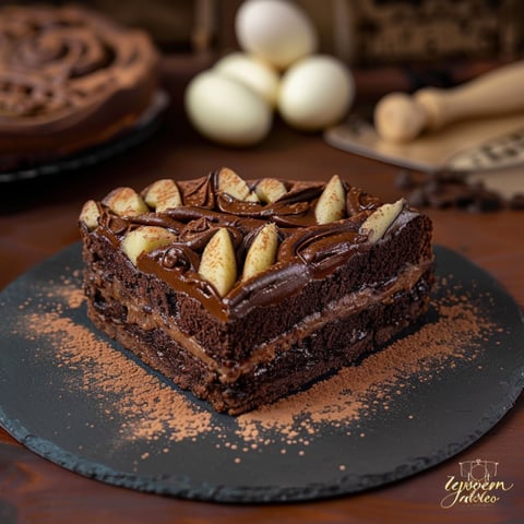 Un cake di cioccolato con frullati e uova.