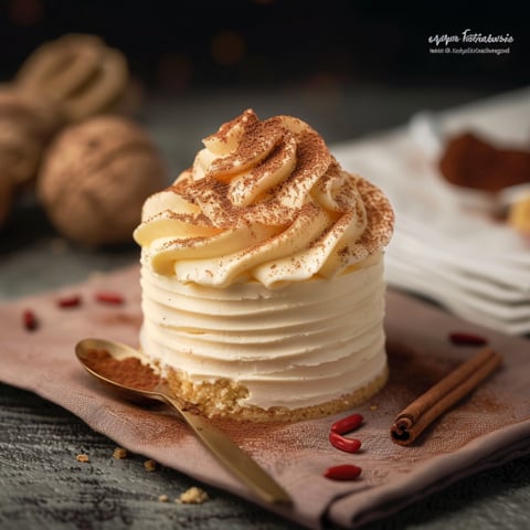 Una torta con crema e speck di cinnamon.