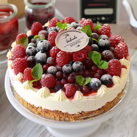 Una torta con frutta fresca e crema.
