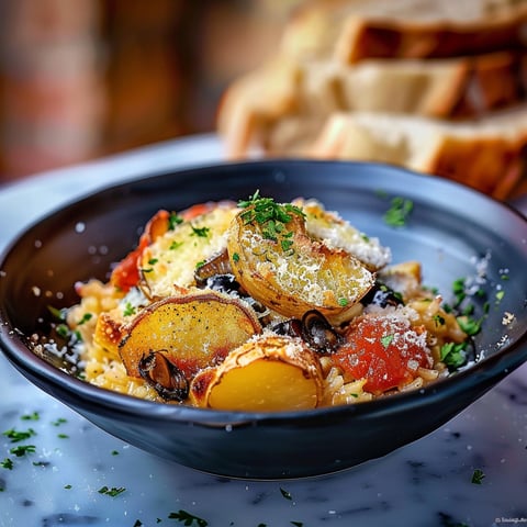 Una tazza di pasta con verdure e formaggio.