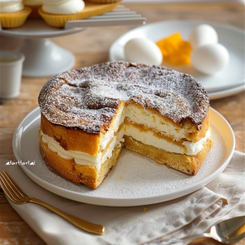 Una torta con crema e frullato di cacao.
