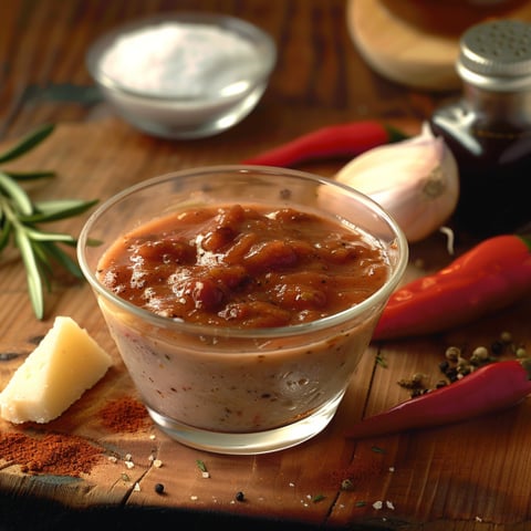 Un contenitore di salsa con peperoncini e peperoni.
