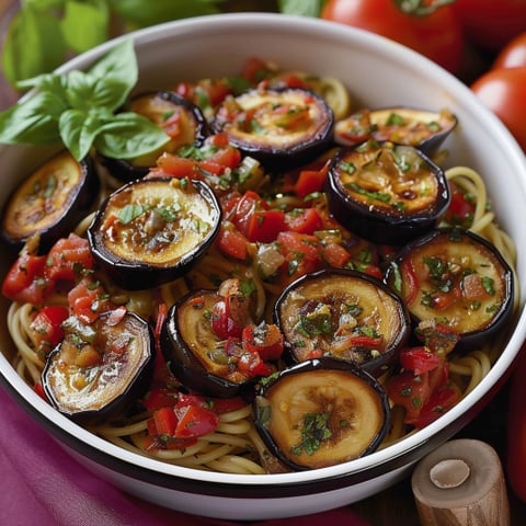 Una ciotola di pasta con verdure e pomodori.