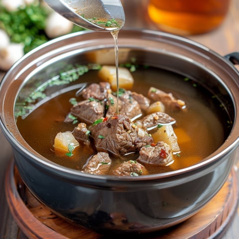 Una tazza di brodo con carne e verdure.