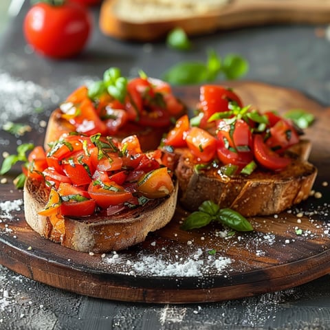 Due toast con pomodori e basilico.