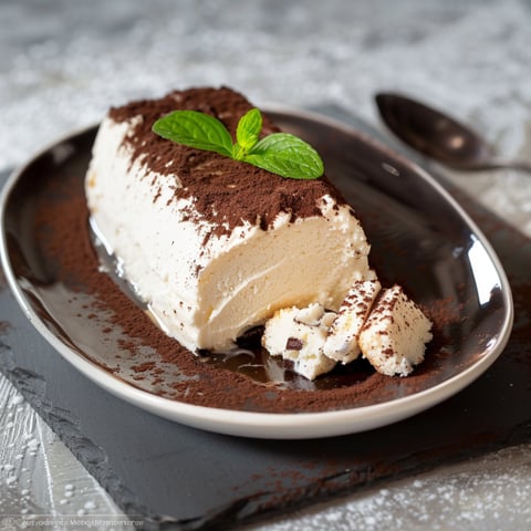 Un boccone di dolce con una foglia di menta.